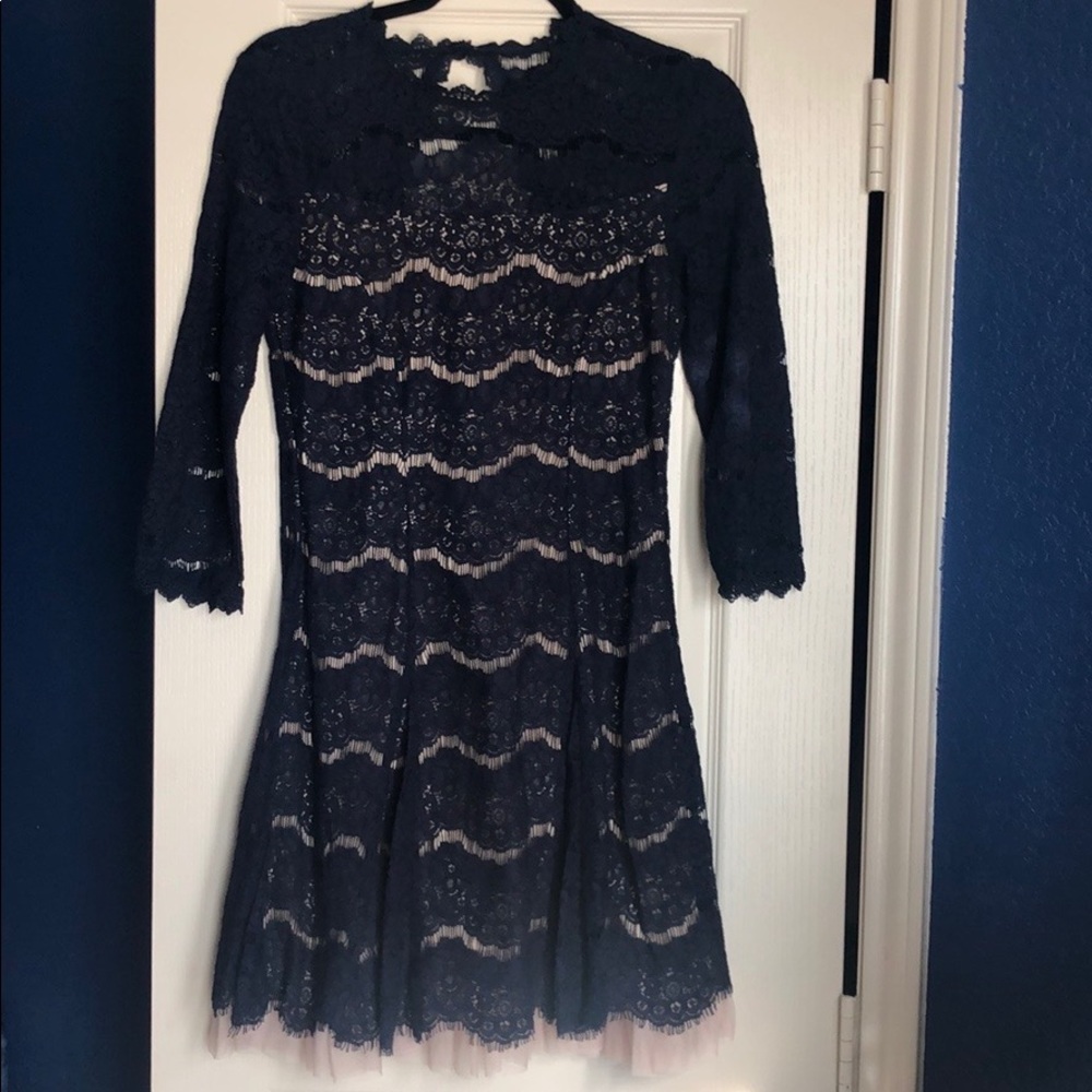 High neck A-line lace dress with tulle underlay